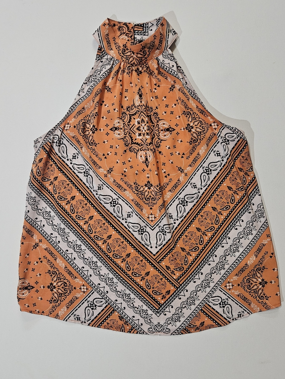 Rachel Zoe Halter Top Womens XS Orange White Blue Paisley Lightweight Boho‎